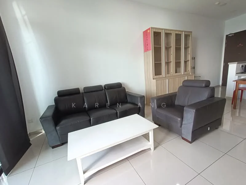 Living features: 3-seater leather sofa in black, 2-seater leather sofa in black, white coffee table, glossy tile flooring, white painted walls, floor-to-ceiling windows with sheer curtains, wooden display cabinet, dining table in background; style: modern.