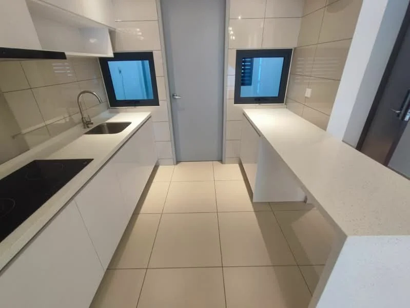 Kitchen features: white cabinetry, quartz countertop, single-bowl stainless-steel sink, chrome pull-down faucet, built-in induction cooktop, wall-mounted oven, tile backsplash, floor-to-ceiling windows, light-colored tile flooring, open layout, breakfast bar, modern lighting fixtures; style: modern.