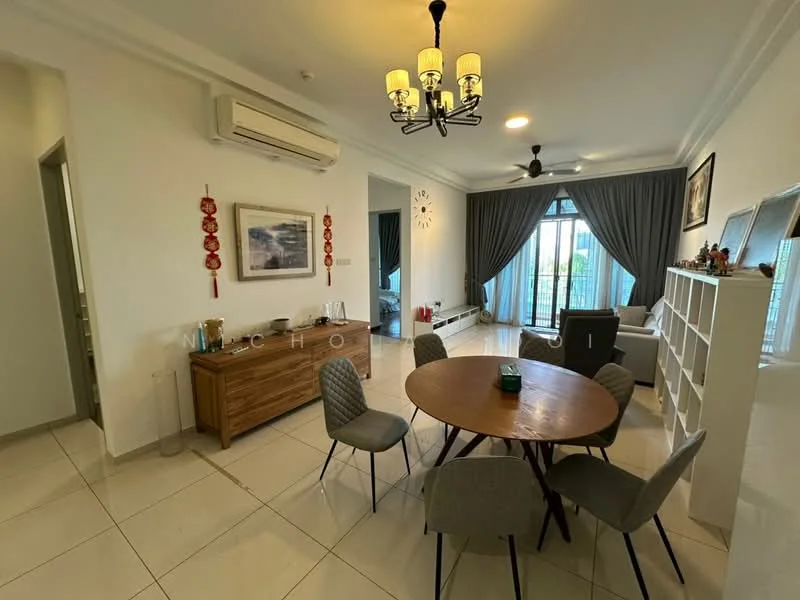 Dining features: round wooden dining table, 4 upholstered dining chairs, wall-mounted air conditioning unit, chandelier with multiple bulbs, grey curtains, white walls, tile flooring, decorative wall clock, wooden sideboard, open shelving unit, floor-to-ceiling windows; style: modern; view: garden. Living features: sofa, coffee table, TV console, wall-mounted TV, area rug, ceiling fan; style: modern; view: garden.