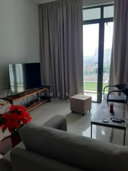 Living features: grey fabric sofa, wooden coffee table, TV console, wall-mounted TV, floor-to-ceiling windows, sheer curtains, decorative plant, light-colored walls, polished tile flooring; style: modern; view: city.
