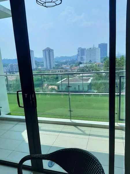 Room features: glass sliding door, balcony with glass railing, green lawn view, city skyline view, tile flooring, outdoor seating area; style: modern; view: city.