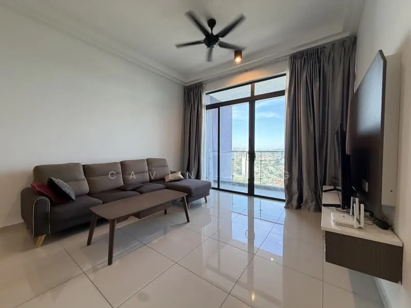 Living features: 3-seater fabric sofa in brown, coffee table, wall-mounted TV, TV console, floor-to-ceiling windows, grey curtains, white painted walls, polished ceramic tile flooring, ceiling fan with light, decorative wall art; style: modern; view: city.