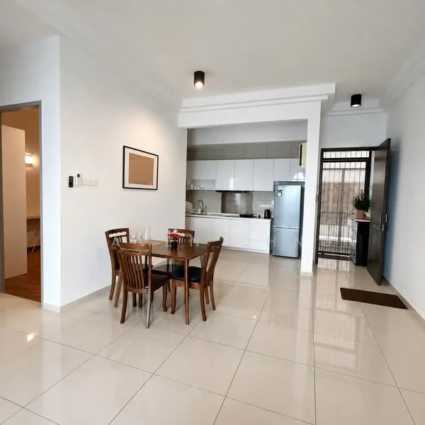 Dining features: 4-seater dining table, wooden dining chairs, white tiled flooring, recessed downlights, open-plan layout, kitchen area visible, fridge, kitchen cabinetry, countertop, doorway leading to hallway; style: modern. Kitchen features: white cabinetry, stainless-steel fridge, built-in oven, ceramic cooktop, sink, countertop, wall-mounted cabinets, open shelving; style: modern.