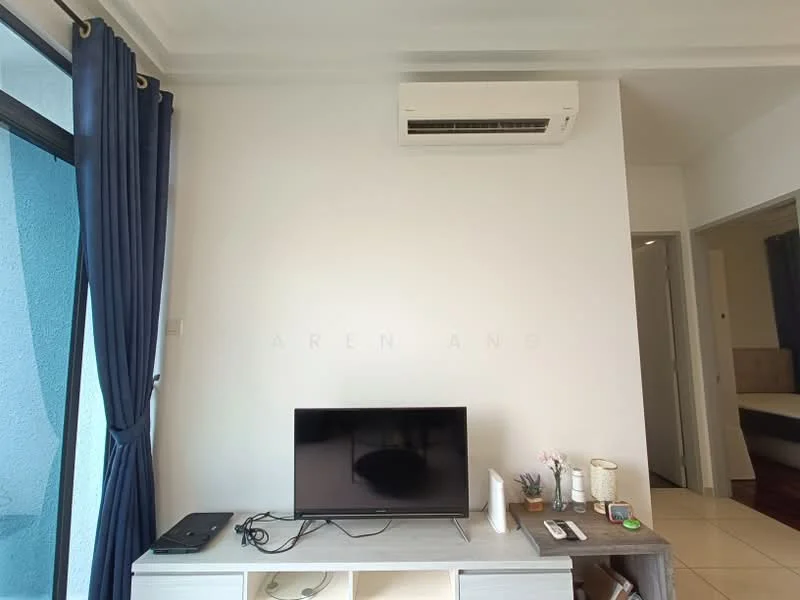 Room features: white painted walls, floor-to-ceiling windows, blue curtains, wall-mounted split AC, TV on console, console table, decorative plants, light-colored flooring.