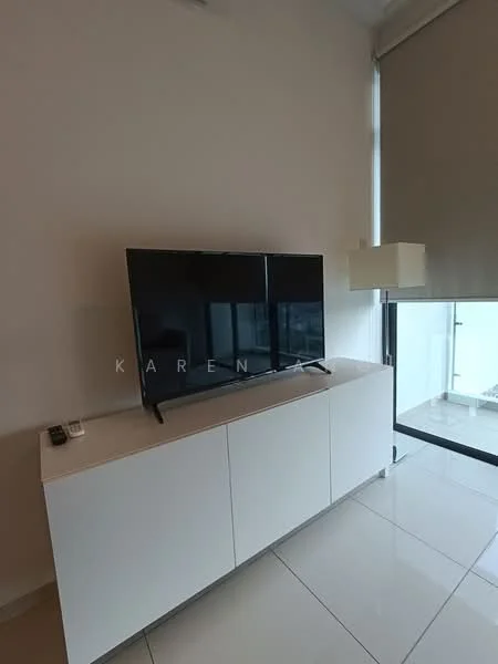 Room features: flat-screen TV on console, white console cabinet, large window with roller blinds, light-colored walls, glossy tile flooring, table lamp, remote control; style: modern.