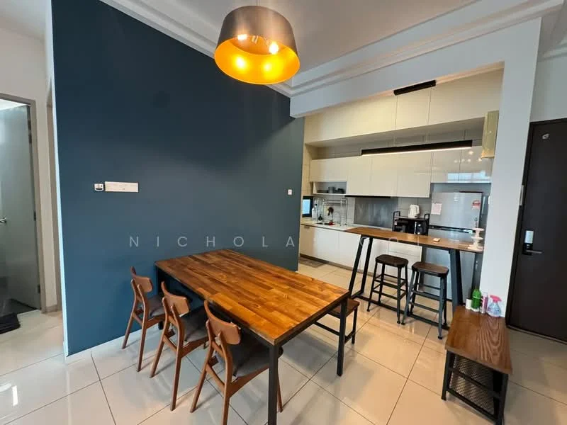 Dining features: wooden dining table, 6 dining chairs, blue accent wall, white painted walls, recessed downlights, pendant light fixture, glossy tile flooring, open kitchen layout, stainless-steel fridge, built-in oven, microwave, coffee machine, kitchen cabinetry; style: modern. Kitchen features: white cabinetry, stainless-steel appliances, countertop with bar stools, open shelving, kitchen island; style: modern.