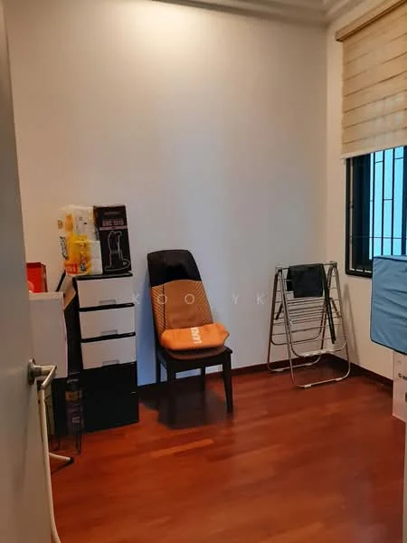 Room features: wooden flooring, white painted walls, window with black grille, roller blinds, chair, folding clothes drying rack, storage cabinet, box storage.