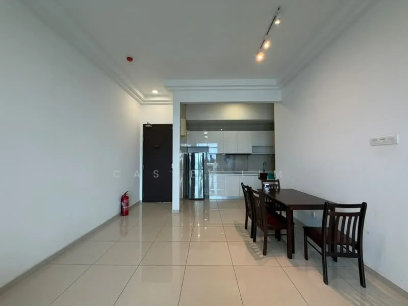 Dining features: white painted walls, glossy tile flooring, dining table with four chairs, recessed downlights, open kitchen layout, stainless-steel fridge, kitchen cabinetry, countertop with backsplash; style: modern. Kitchen features: white cabinetry, stainless-steel appliances, ceramic tile backsplash, single-bowl stainless-steel sink, chrome pull-down faucet, built-in oven, 4-burner gas hob; style: modern.