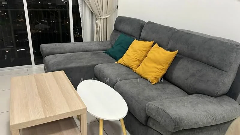 Living features: L-shape sectional sofa in grey, yellow accent cushions, light wood coffee table, white round side table with yellow legs, floor-to-ceiling windows, curtains, tile flooring, city view; style: modern; view: city.