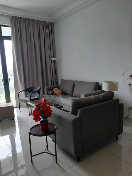 Living features: grey fabric sofa, 2-seater sofa, coffee table, floor lamp, decorative plant in pot, curtains, large window, white painted walls, glossy tile flooring; style: modern; view: city.