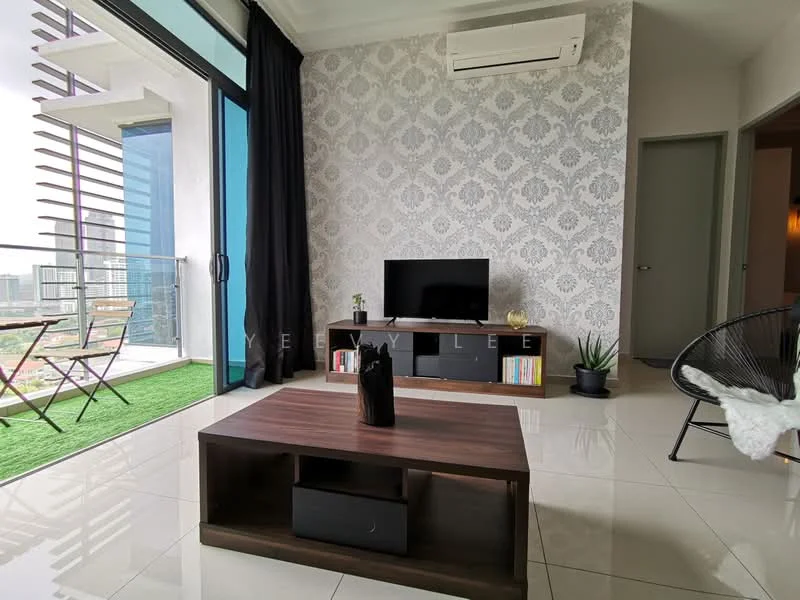 Living features: white painted walls with floral pattern, glossy tile flooring, 5-blade ceiling fan with light, floor-to-ceiling windows, sliding glass door, blackout curtains, TV console, wall-mounted TV, coffee table, decorative plant, bookshelf, area rug; style: modern; view: city.