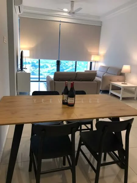 Dining features: wooden dining table, 4 black dining chairs, floor-to-ceiling windows, city view, white walls, recessed downlights, ceiling fan, laminate flooring, decorative table with wine bottles; style: modern; view: city. Living features: beige fabric sofa, white side table, floor lamp, TV console, wall-mounted TV, light-colored curtains, laminate flooring; style: modern; view: city.