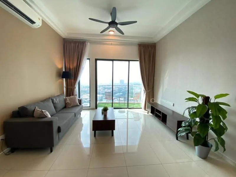 Living features: 3-seater fabric sofa in grey, coffee table, TV console, wall-mounted TV, floor-to-ceiling windows, sheer curtains, 5-blade ceiling fan with light, marble tile flooring, decorative plant in ceramic pot, recessed downlights, neutral painted walls, view of city skyline; style: modern; view: city.