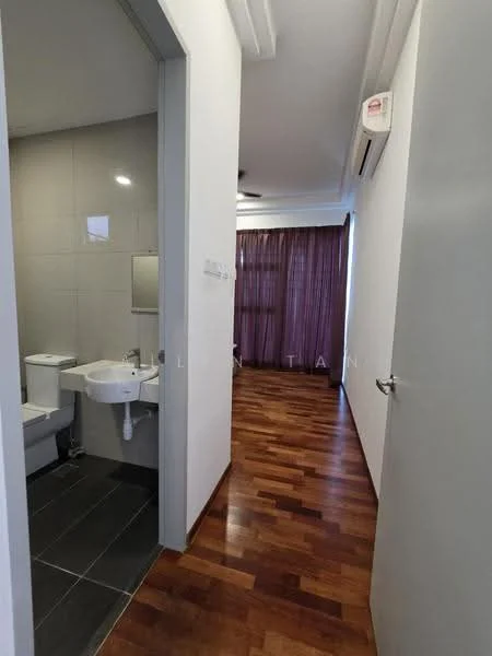 Bathroom features: white toilet, white sink, mirror above sink, grey tile flooring, grey wall tiles, chrome faucet; style: modern. Hallway features: wooden flooring, white painted walls, ceiling fan, air conditioning unit, door to bathroom, door to another room; style: modern.