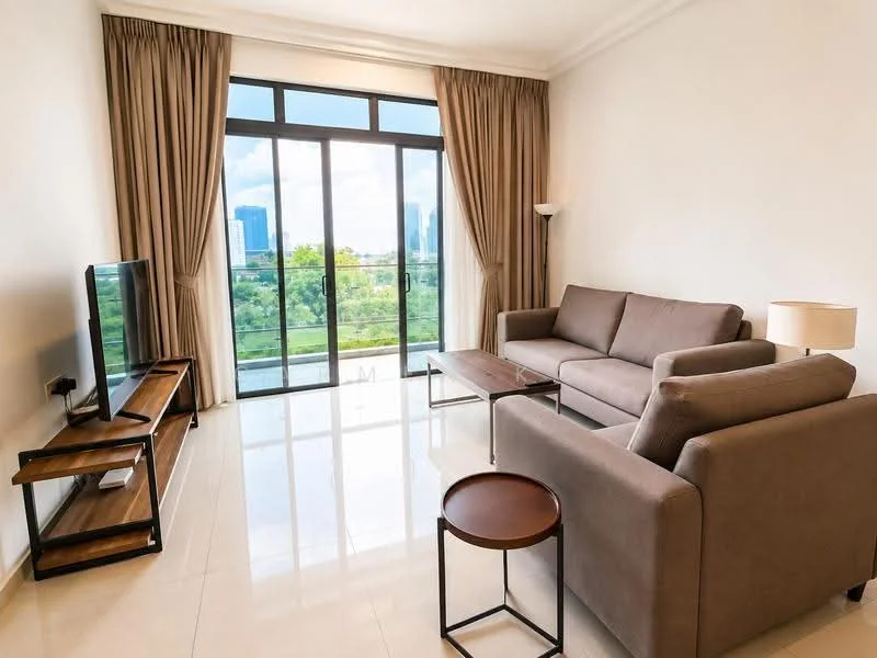 Living features: 3-seater fabric sofa in grey, 2-seater fabric sofa in grey, wooden coffee table, floor-to-ceiling windows, sheer curtains, TV console, wall-mounted TV, marble tile flooring, recessed downlights, decorative lamp, side table with metal frame; style: modern; view: city.