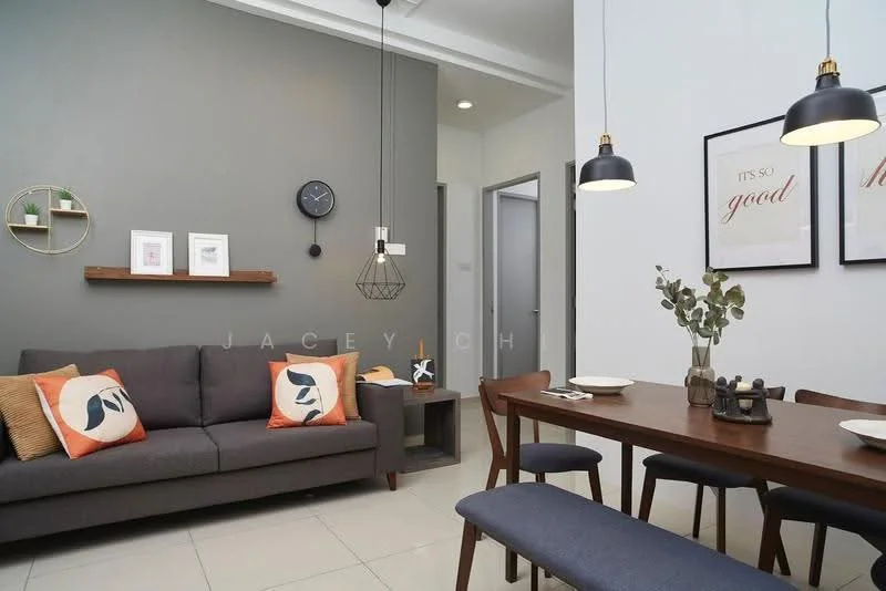 Living features: grey painted accent wall, white painted walls, 3-seater fabric sofa in grey, decorative cushions with abstract patterns, wooden coffee table, 4-seater dining table, wooden dining chairs, wall-mounted clock, framed artwork on walls, shelf with decorative items, recessed ceiling lights, floor tiles in light color; style: modern.