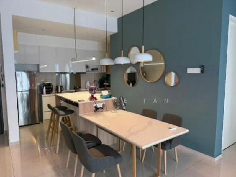 Kitchen features: white cabinetry, grey accent wall, marble countertop, stainless-steel fridge, built-in oven, freestanding range oven, pendant lighting, 6-seater dining table, upholstered dining chairs, wall-mounted mirror; style: modern.