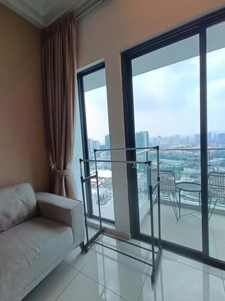 Room features: floor-to-ceiling windows, city skyline view, beige painted walls, white tiled flooring, curtains, sofa, metal clothes rack, outdoor balcony furniture; style: modern; view: city.