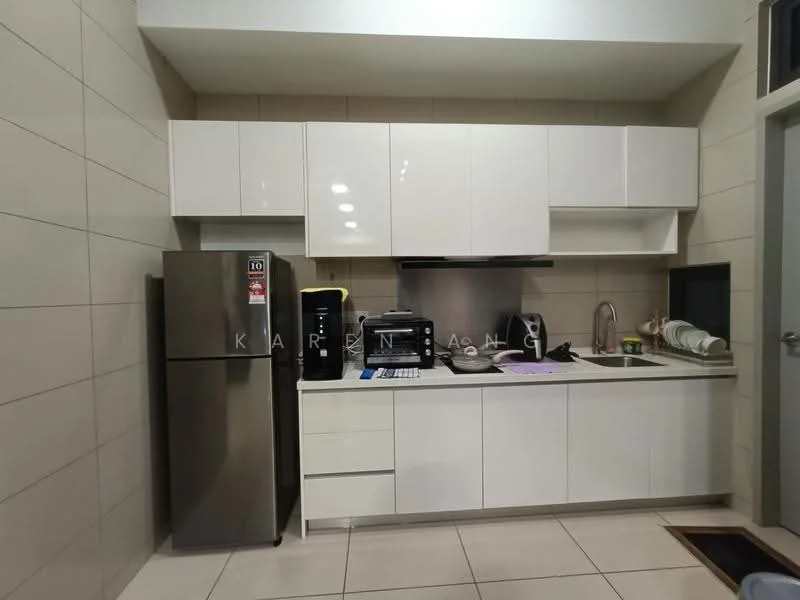 Kitchen features: white flat-panel cabinets, stainless-steel fridge, built-in oven, ceramic cooktop, single-bowl stainless-steel sink, chrome pull-down faucet, white tiled backsplash, countertop with integrated workspace, under-cabinet lighting, tile flooring; style: modern.