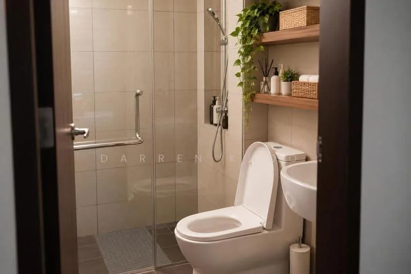 Bathroom features: walk-in shower with glass enclosure, rain shower head, chrome basin mixer faucet, one-piece toilet, floating vanity with storage, shelf with decorative items, greenery plant, tile flooring, neutral wall tiles, wooden shelving; style: modern.