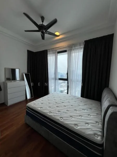 Bedroom features: king-size bed, upholstered headboard, floor-to-ceiling windows, sheer curtains, blackout curtains, 5-blade ceiling fan with light, wooden flooring, dressing table with mirror, white dresser, full-length mirror; style: modern; view: city.