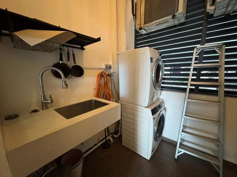 Laundry features: single-bowl stainless-steel sink, chrome pull-down faucet, white cabinetry, stacked washer and dryer, grey tiled flooring, air conditioning unit, black window blinds, metal ladder, hanging rack for pots, orange hose; style: modern.