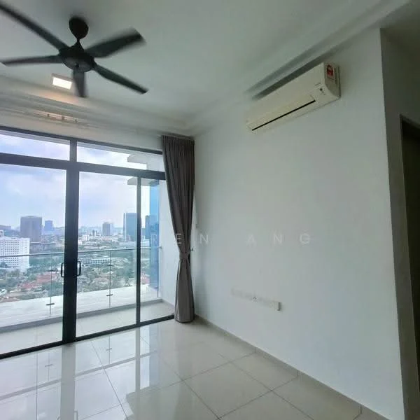 Living features: floor-to-ceiling windows, sliding glass door, grey walls, white ceiling, 5-blade ceiling fan with light, wall-mounted split AC, glossy tile flooring, curtains, city view; style: modern; view: city.