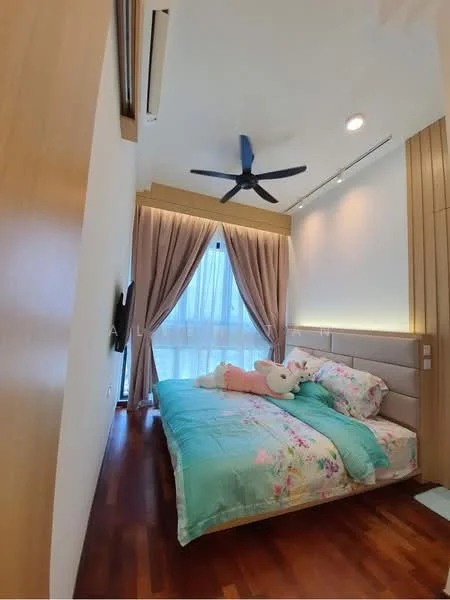 Bedroom features: king-size bed with upholstered headboard, bedding in pastel colors with floral pattern, wooden flooring, 5-blade ceiling fan with light, floor-to-ceiling windows with sheer curtains, wall-mounted TV, decorative wall paneling, nightstand with lamp; style: modern; view: city.