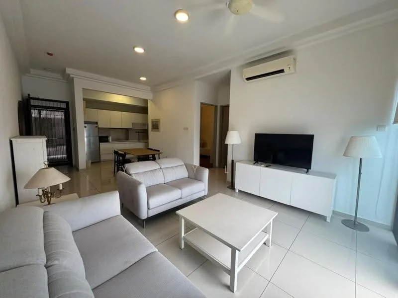 Living features: 3-seater fabric sofa in light grey, 2-seater fabric sofa in light grey, white coffee table, TV console in white, wall-mounted TV, floor lamp, ceiling fan, recessed downlights, tile flooring, air conditioning unit, open layout to kitchen, large windows with natural light; style: modern. Kitchen features: white cabinetry, stainless-steel fridge, built-in oven, 4-burner gas hob, countertop with backsplash, open layout to living area; style: modern.