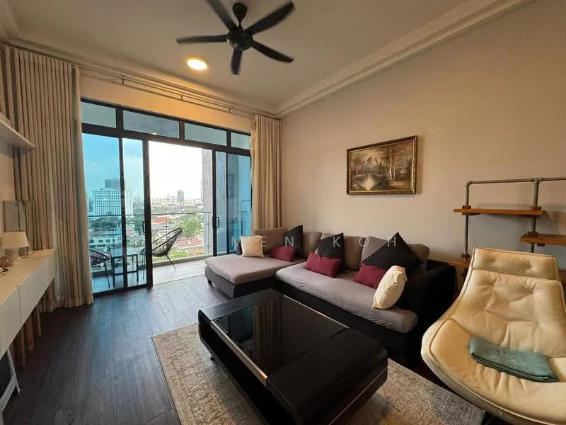 Living features: 3-seater fabric sofa in grey, accent pillows in burgundy, black coffee table, flat-screen TV on wall-mounted console, floor-to-ceiling windows, sliding glass door, curtains, ceiling fan, area rug with neutral tones, decorative artwork on wall, wooden flooring, open layout to balcony; style: modern; view: city. Balcony features: outdoor seating, city skyline view; view: city.