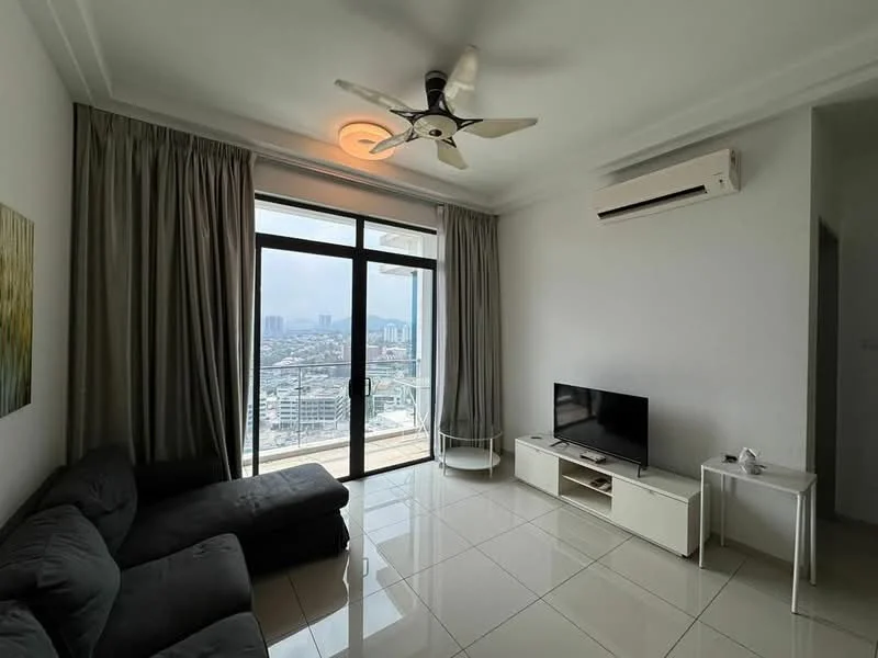 Living features: 3-seater fabric sofa in grey, floor-to-ceiling windows, sliding glass door, white walls, recessed downlights, ceiling fan with light, white TV console, wall-mounted TV, marble tile flooring, curtains, decorative wall art, air conditioning unit; style: modern; view: city.