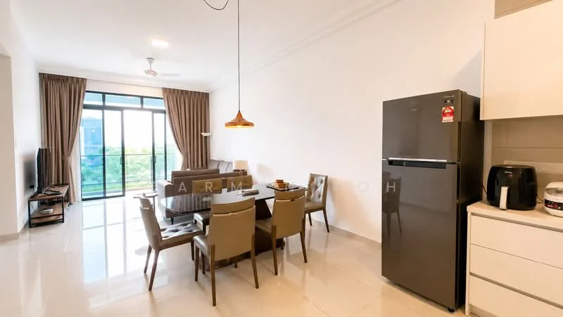 Living features: floor-to-ceiling windows, sliding glass door, curtains, 3-seater fabric sofa in grey, coffee table, TV console, wall-mounted TV, dining table for 6, upholstered dining chairs, pendant lamp, ceiling fan, polished tile flooring, white painted walls; style: modern; view: garden. Kitchen features: stainless-steel fridge, built-in oven, microwave, kitchen cabinets, countertop, kettle, toaster; style: modern.