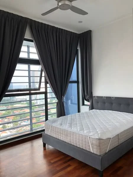 Bedroom features: queen-size bed, upholstered headboard, floor-to-ceiling windows, grey curtains, wooden flooring, ceiling fan, city view; style: modern; view: city.