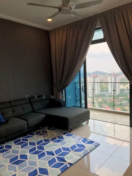 Living features: grey fabric sectional sofa, blue accent pillows, area rug with geometric pattern in blue and white, floor-to-ceiling windows, curtains in grey fabric, polished tile flooring, ceiling fan, city view; style: modern; view: city.