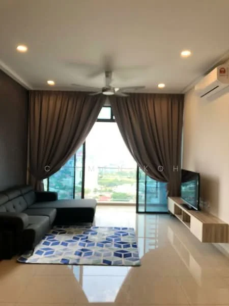 Living features: 3-seater fabric sofa in black, coffee table, wall-mounted TV, TV console, area rug with geometric pattern, floor-to-ceiling windows, curtains, ceiling fan with light, recessed downlights, polished tile flooring, air conditioning unit; style: modern; view: city.