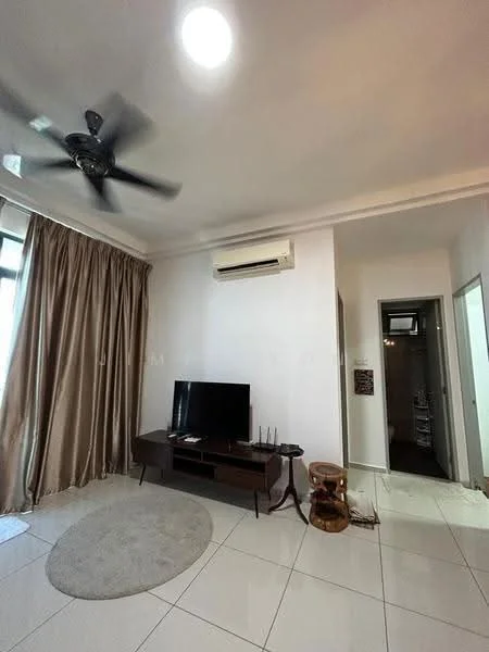 Living features: 5-blade ceiling fan with light, wall-mounted TV, wood TV console, round area rug, cream painted walls, white tiled flooring, curtains, wall-mounted split AC; style: modern. Room features: doorway leading to bathroom, grey tiled flooring.