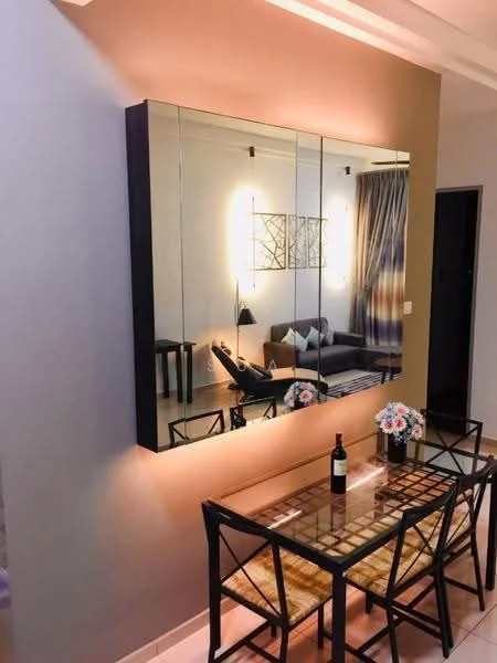 Dining features: glass-top dining table, 4 black metal dining chairs, decorative mirror on wall, wall-mounted light fixture, grey painted walls, curtains in grey fabric, wooden flooring, decorative flowers in vase, wine bottle on table, accent wall with lighting; style: modern. Living features: sofa in dark fabric, decorative cushions, area rug with stripes, wall-mounted artwork, floor lamp, light fixture on ceiling; style: modern.