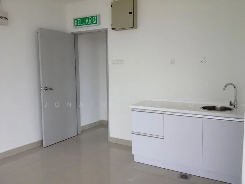Room features: white painted walls, grey floor tiles, single-bowl stainless-steel sink, chrome pull-down faucet, white cabinetry with flat-panel doors, door leading to exit, air conditioning unit mounted on wall; style: modern.