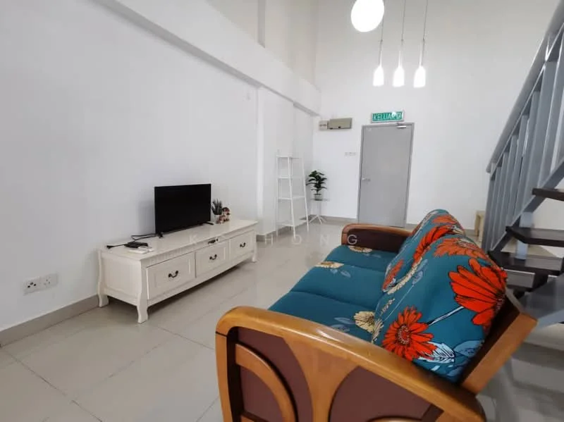 Living features: 3-seater fabric sofa with floral pattern, TV console, wall-mounted TV, white painted walls, tile flooring, recessed downlights, staircase with metal railing, decorative plant in pot, door leading to hallway; style: modern.
