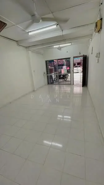 Room features: white painted walls, glossy white tile flooring, ceiling with exposed beams, 2 ceiling fans, sliding glass door, large window, natural light, open layout; style: modern; view: garden.
