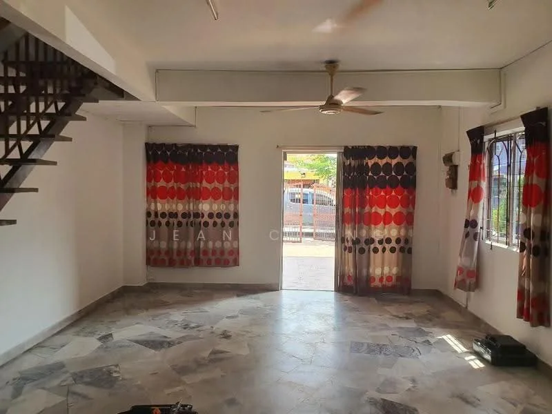 Living features: marble flooring, white painted walls, ceiling fan, floor-to-ceiling windows, sheer curtains with polka dot pattern, double doors leading outside, decorative wall sconce, staircase with wooden railing; style: modern; view: garden.