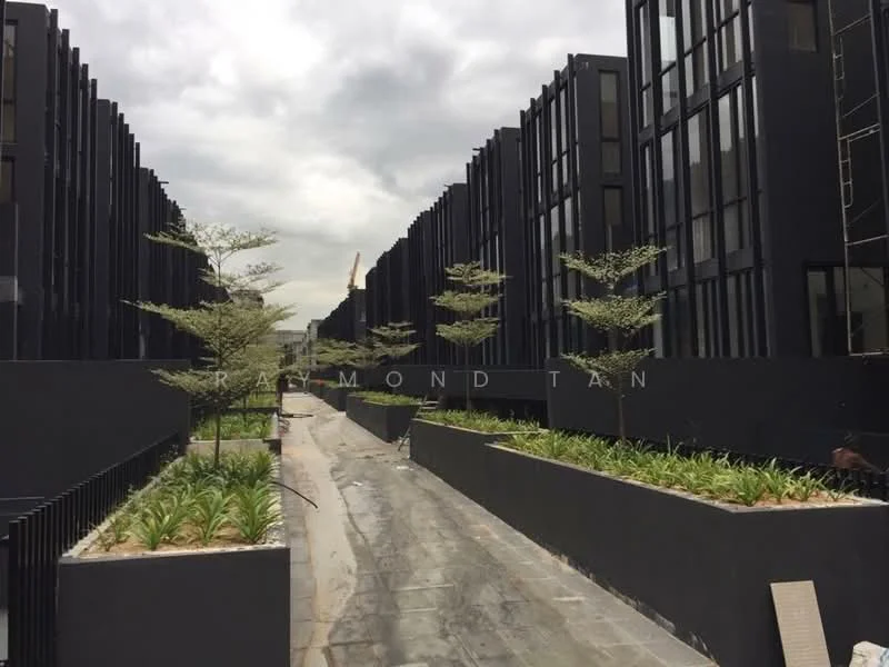 Exterior type: linked terrace house; features: black painted facade, manicured landscaping, paved walkway, mature trees, concrete planters, two-storey buildings, modern architectural design; style: modern.