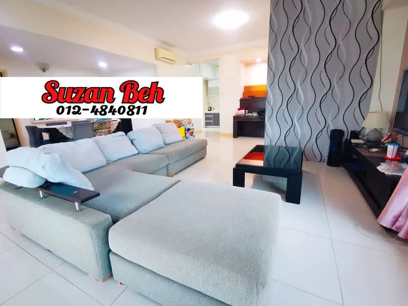 Living features: L-shape sectional sofa in light grey, coffee table with black surface, wall-mounted TV, decorative wall with wavy pattern, white painted walls, tile flooring, recessed ceiling lights, air conditioning unit, decorative items on shelves; style: modern.