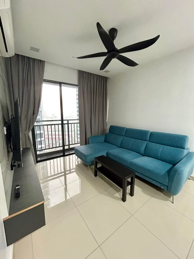 Living features: 3-seater fabric sofa in teal, black coffee table, wall-mounted TV, TV console, floor-to-ceiling windows, sheer curtains, 5-blade ceiling fan with light, glossy tile flooring, neutral painted walls; style: modern; view: city.