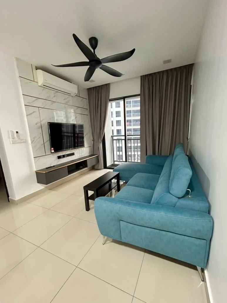 Living features: 3-seater fabric sofa in teal, black coffee table, wall-mounted TV, TV console, floor-to-ceiling windows, grey curtains, marble accent wall, recessed ceiling lights, 5-blade ceiling fan with light, cream tiled flooring, air conditioning unit; style: modern; view: city.