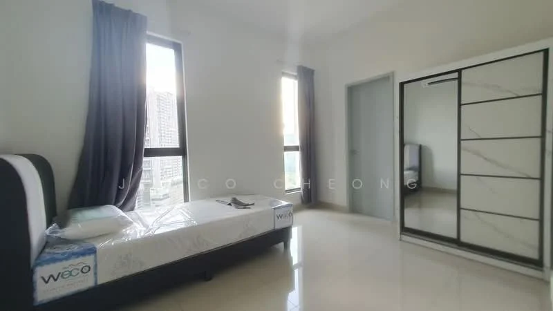 Bedroom features: queen-size bed with mattress, white bed linens, black upholstered headboard, sliding wardrobe with mirror, floor-to-ceiling windows, grey curtains, white walls, glossy tile flooring; style: modern; view: city.