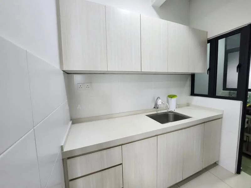 Kitchen features: light wood cabinetry, white countertop, single-bowl stainless-steel sink, chrome faucet, white tiled backsplash, grey tiled flooring, floor-to-ceiling window, under-cabinet lighting; style: modern.