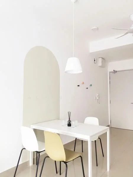 Dining features: white painted walls, light-colored flooring, white dining table, 3 dining chairs, pendant light fixture, ceiling fan, decorative wall elements, doorway, minimalist decor; style: minimalist.