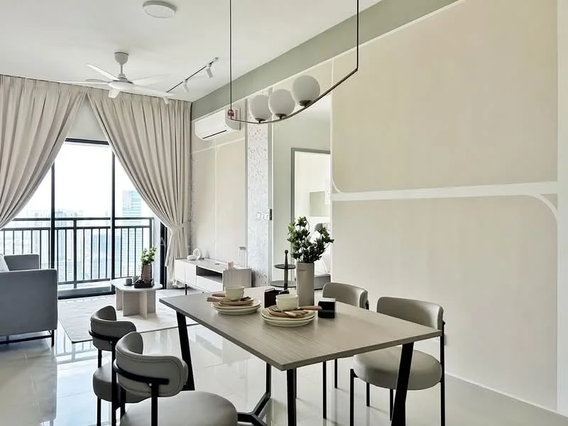 Dining features: dining table with light wood finish, 4 upholstered dining chairs in cream, decorative vase with flowers on table, pendant light fixture above table, white painted walls, grey accent wall, floor-to-ceiling windows with sheer curtains, marble tile flooring, wall-mounted air conditioning unit, open-plan layout connecting to living area; style: modern; view: city. Living features: 3-seater fabric sofa in grey, coffee table, TV console, decorative items on console, wall-mounted TV, area rug, floor-to-ceiling windows with sheer curtains, marble tile flooring; style: modern; view: city.
