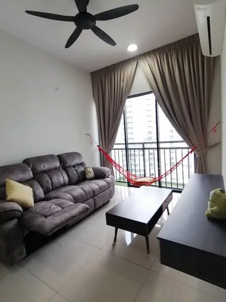 Living features: 3-seater fabric sofa in grey, coffee table, TV console, floor-to-ceiling windows, curtains in beige, ceiling fan, wall-mounted air conditioning unit, hammock, tile flooring, decorative pillow; style: modern; view: city.